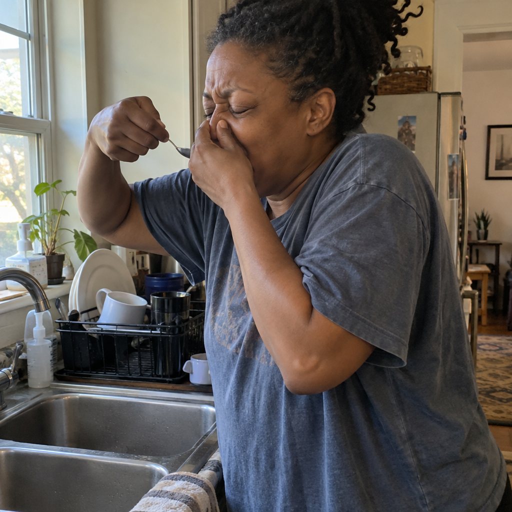 A woman at her kitchen sink holding her nose as she swallows a tablespoon of dark tonic