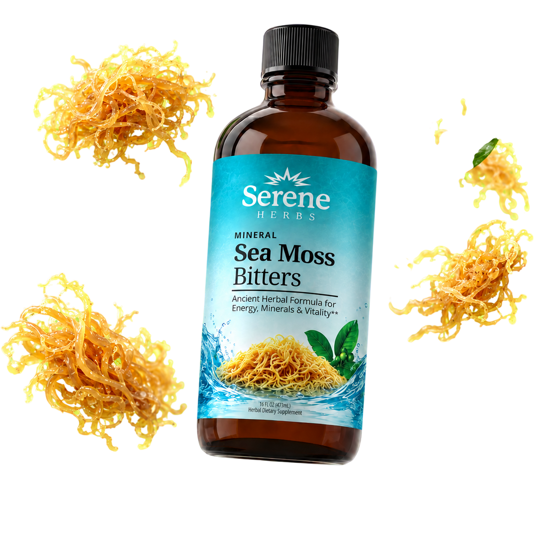 Sea Moss Mineral Bitters ingredient flat lay