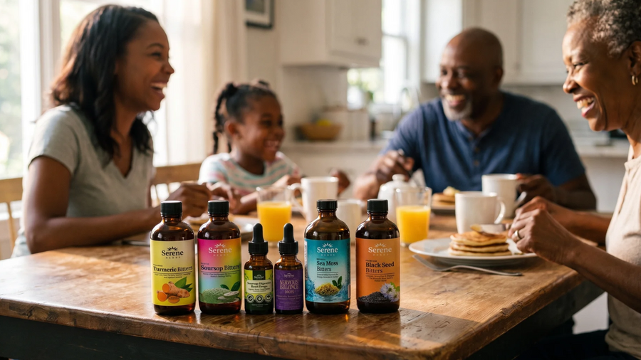 A family at breakfast with Serene Herbs