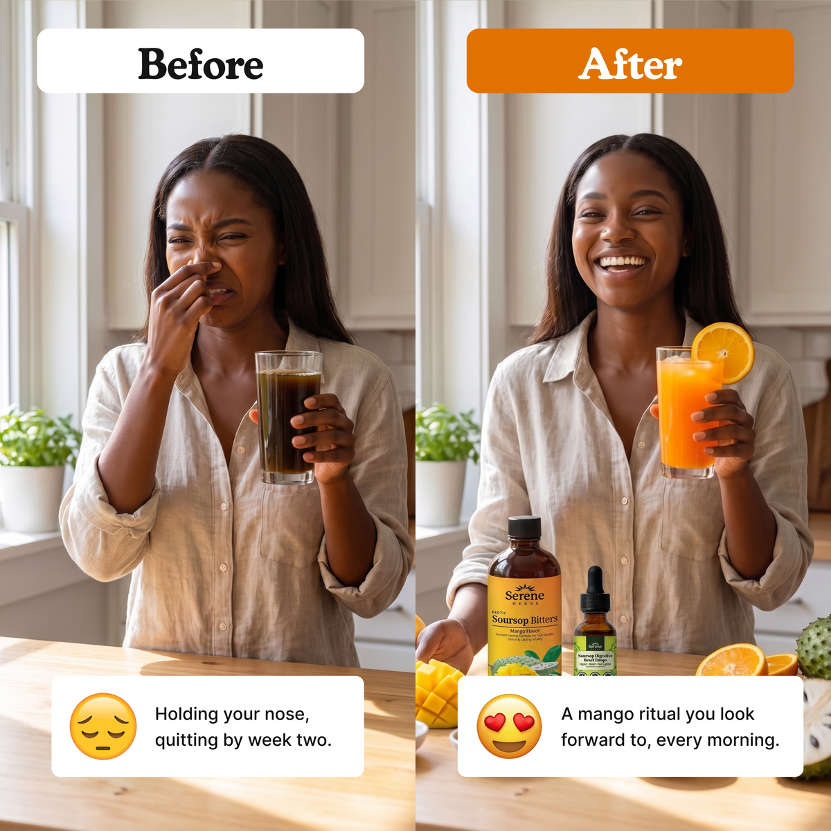 Before / After · Before: holding your nose, quitting by week two · After: a mango ritual you look forward to, every morning