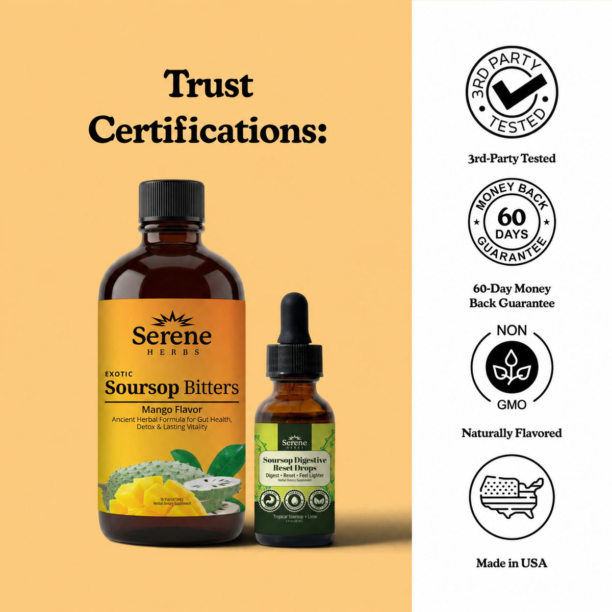 Trust Certifications · 3rd Party Lab Tested · Naturally Flavored (No Nasty Stuff) · Manufactured in the USA · 60-Day Guarantee