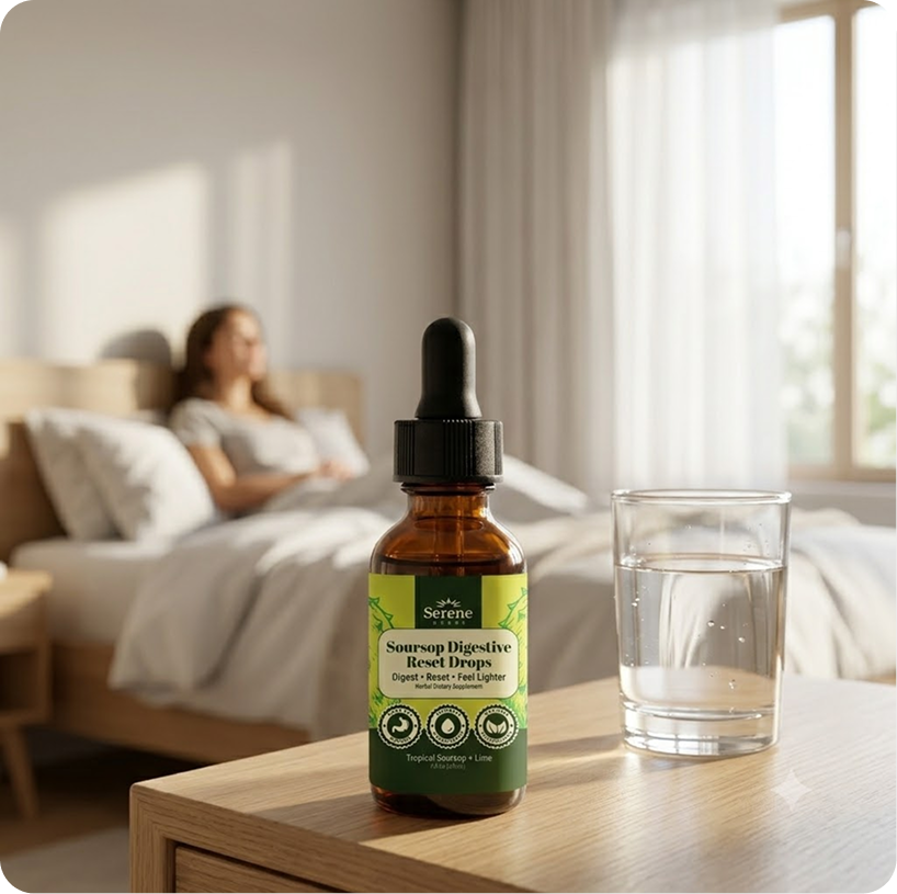 Serene Herbs Soursop Daily Gut Drops beside a glass of water