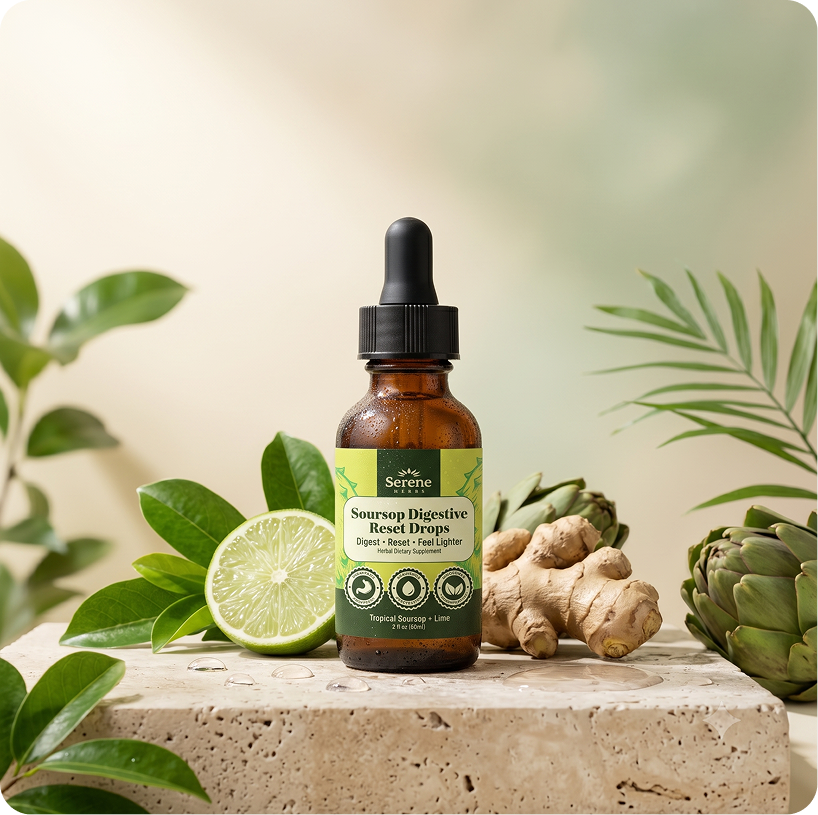 Serene Herbs Soursop Daily Gut Drops with lime and herbs