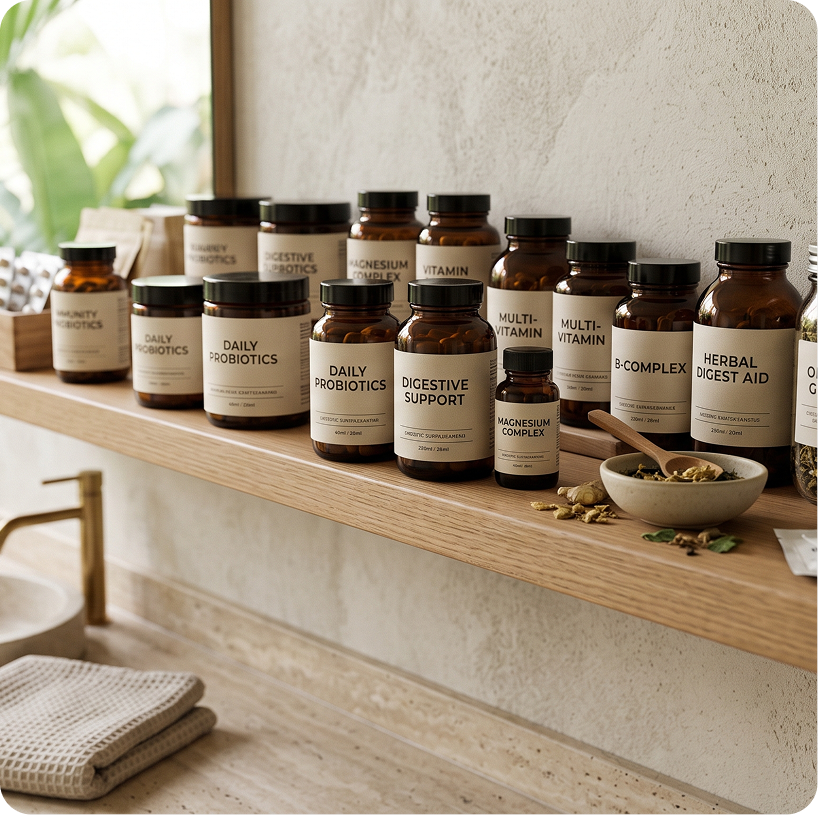 Supplement bottles on a shelf