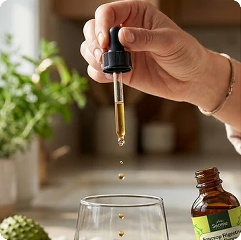 Soursop daily gut drops being added to a glass