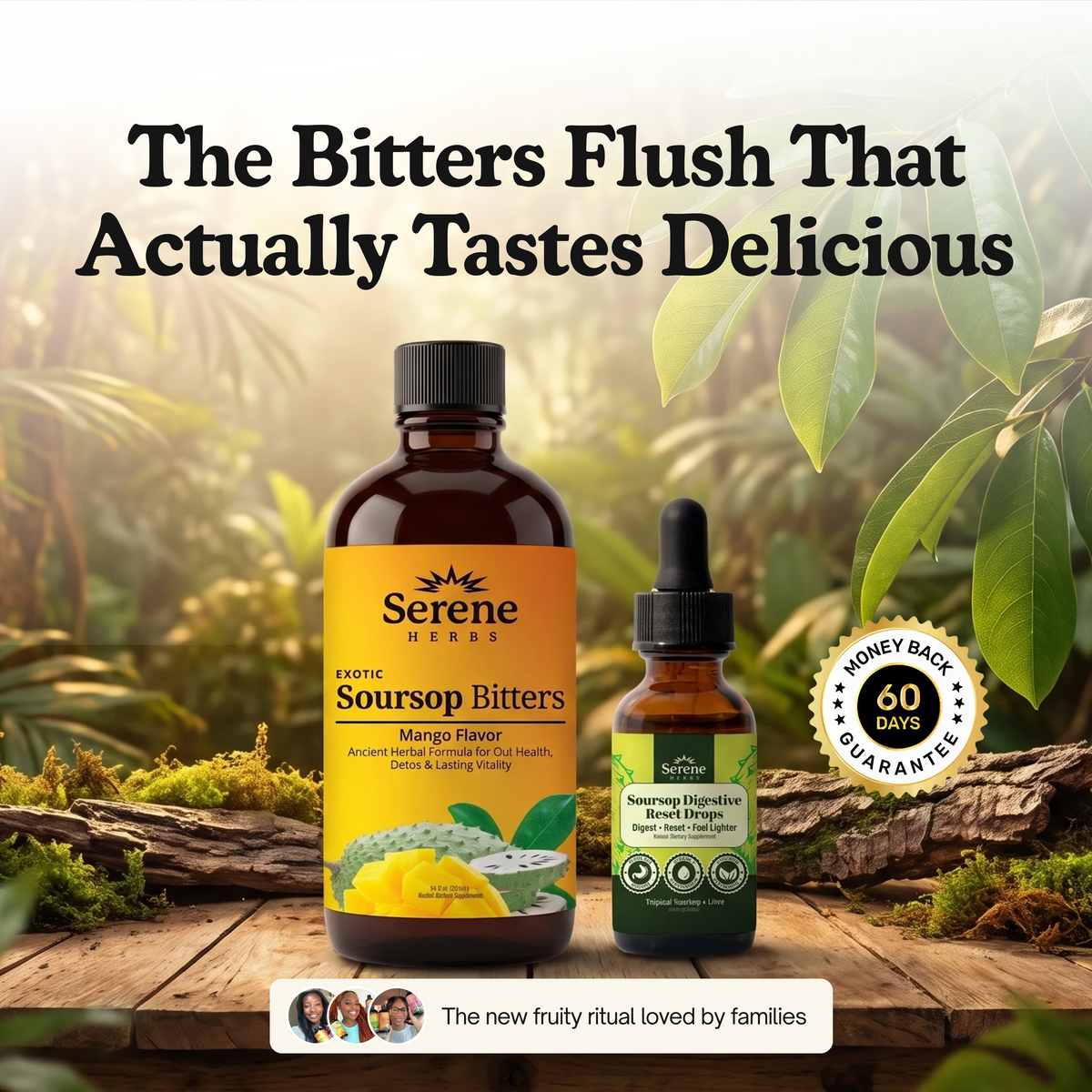 Hero · The Bitters Flush That Actually Tastes Delicious · badge: + FREE Soursop Daily Gut Drops