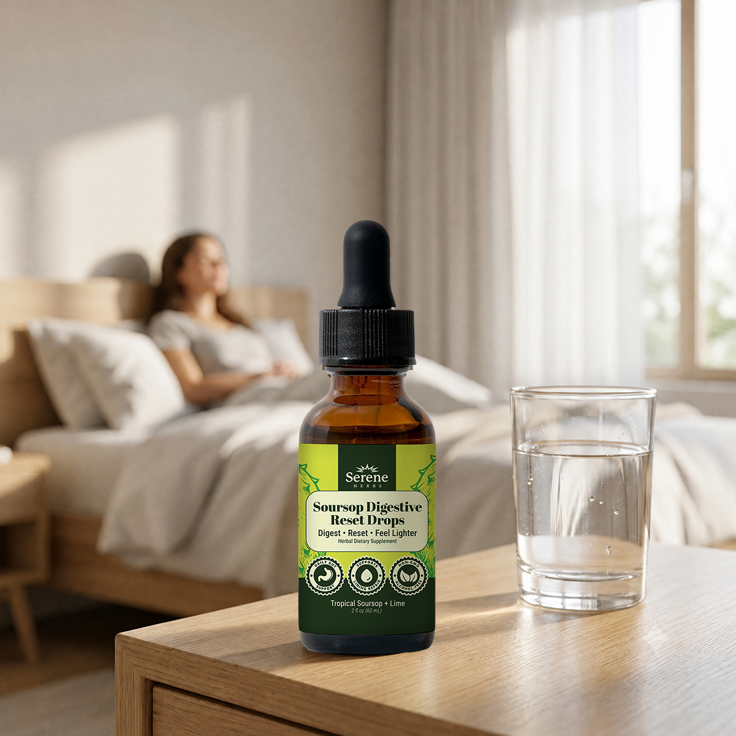 Serene Herbs Soursop Daily Gut Drops beside a glass of water
