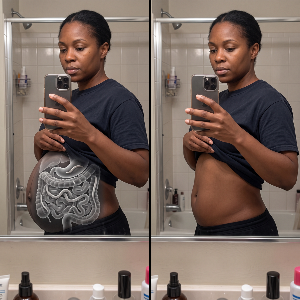Before and after: the same woman, left with a swollen belly and a see-through scan, right with a flat belly