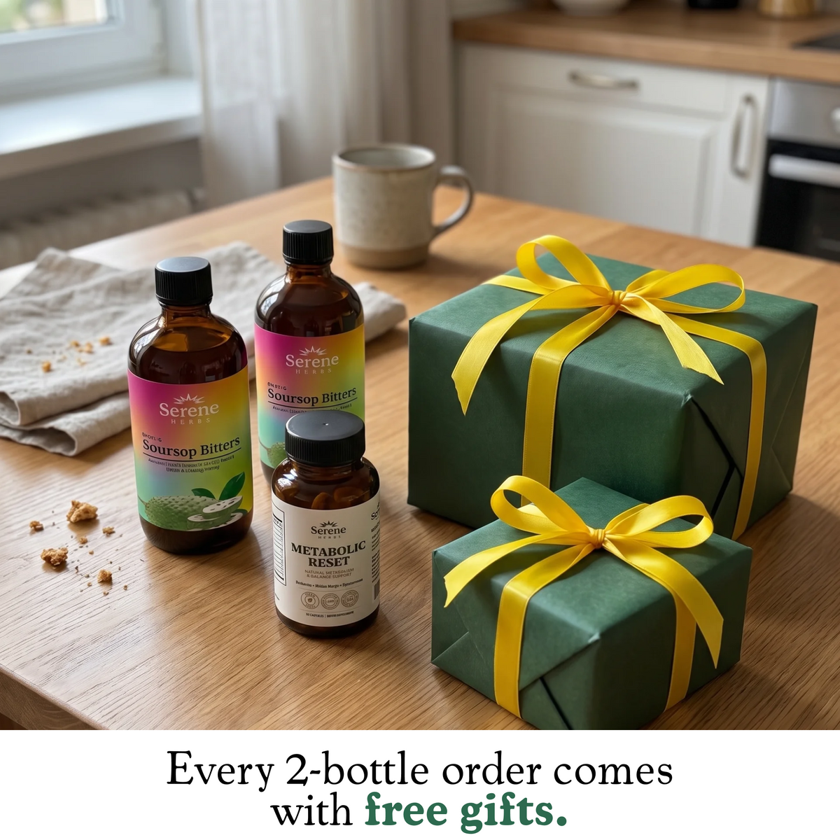 Two Soursop Bitters bottles and a Metabolic Reset bottle with wrapped green gift boxes on a kitchen table