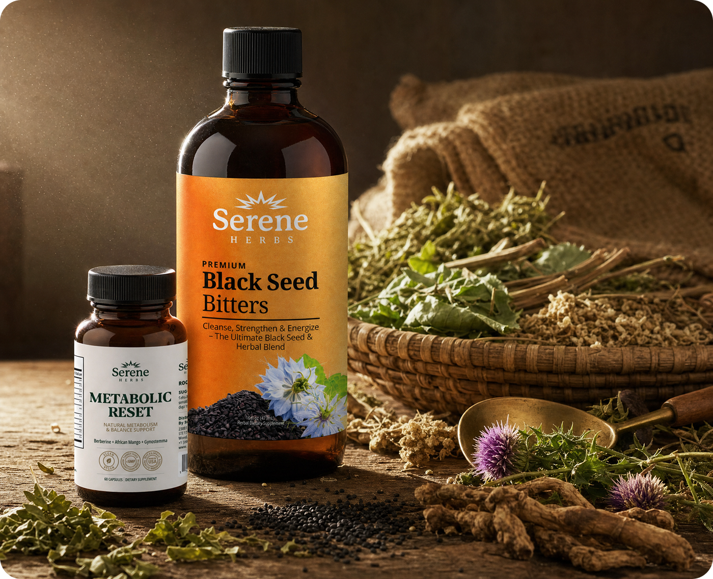 Black Seed Bitters and herbs on a table