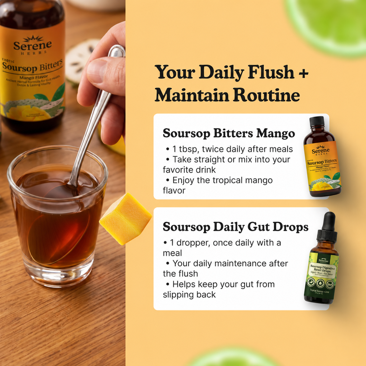 Bundle Breakdown · Deep Flush + Daily Maintenance · Step 1 Soursop Bitters Mango (Deep Flush) · Step 2 Soursop Daily Gut Drops (Daily Maintain)