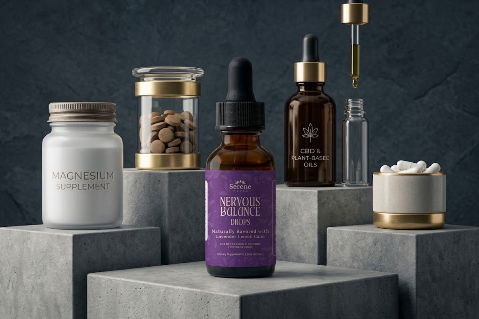 Calm supplements including Nervous Balance Drops on stone pedestals