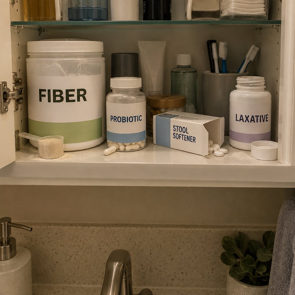 An open medicine cabinet with fiber, probiotics, stool softeners and laxatives