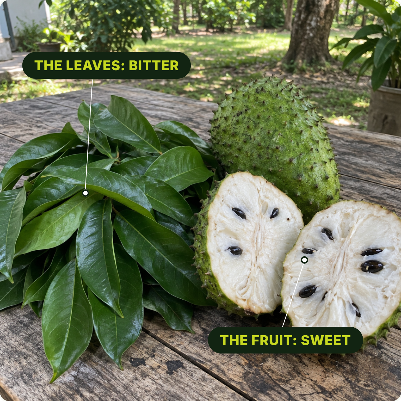 Soursop fruit and leaves on a wooden table. The fruit: sweet. The leaves: bitter.