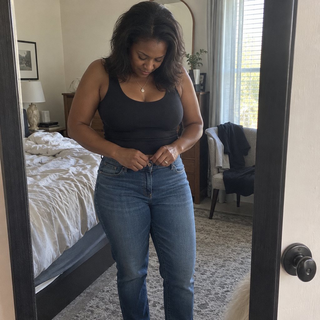 A woman doing up the button of her jeans in front of a bedroom mirror