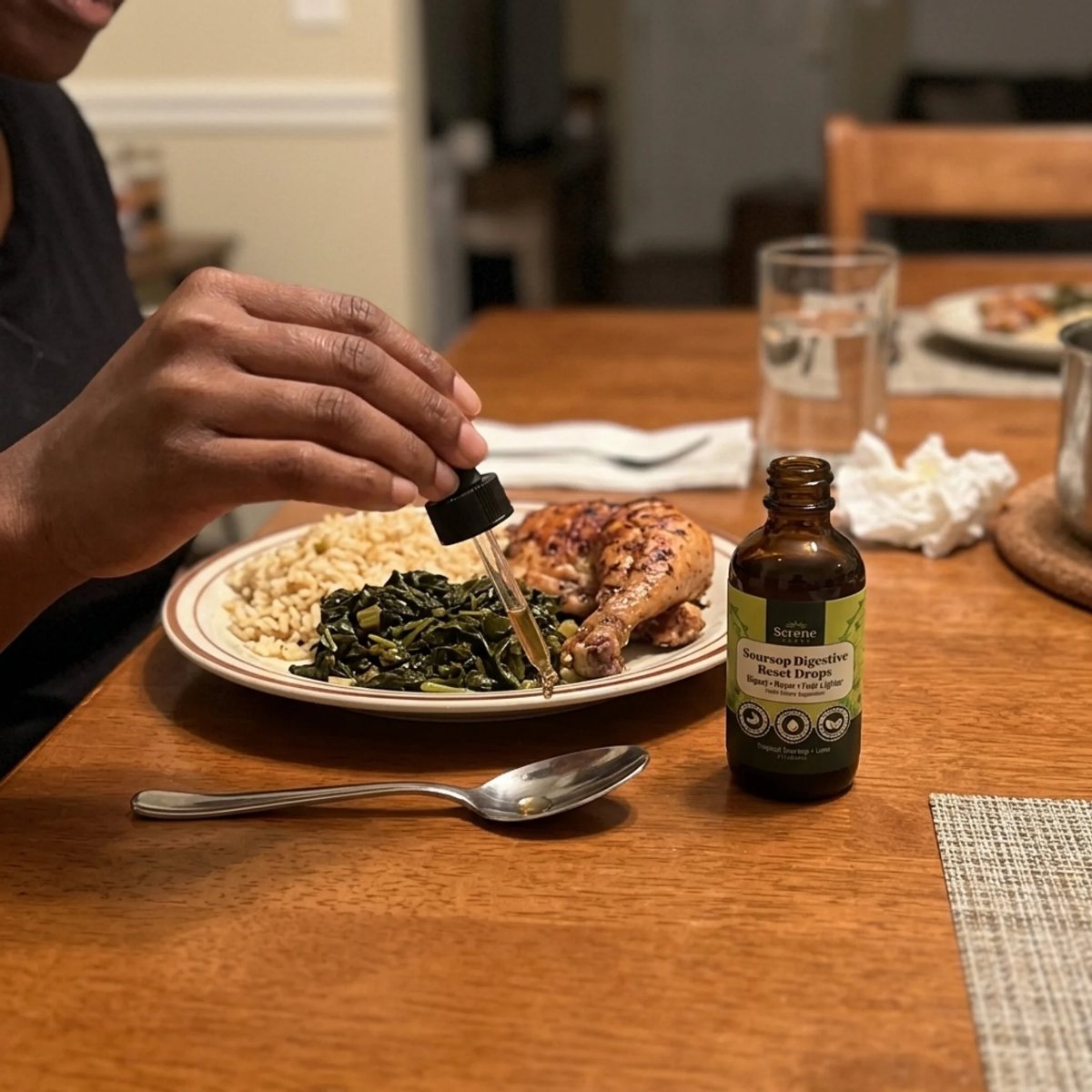 A hand squeezing the Gut Drops dropper over a spoon at the dinner table