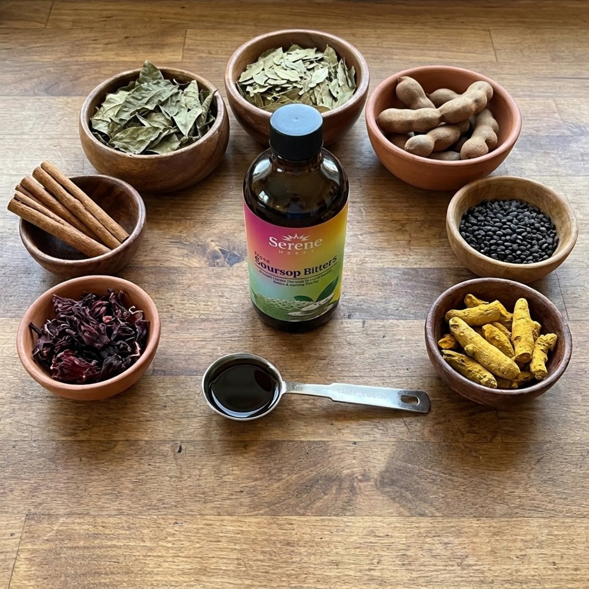 Soursop Bitters surrounded by bowls of dried herbs